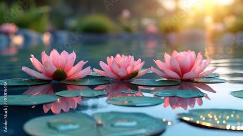   Two pink water lilies atop a body of water  surrounded by lily pads in front