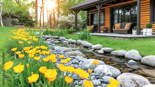  A log cabin with a porch backs a garden, featuring grass and flowers in the foreground, and yellow flowers amidst rocks in the middle ground
