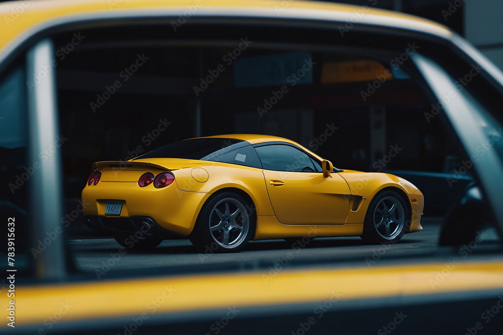 a yellow sports car stands in the city