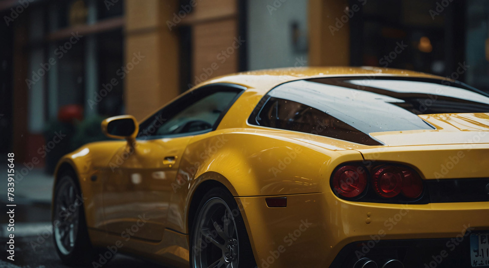 a yellow sports car stands in the city