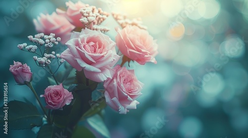  A table holds a vase of pink roses and another of baby s breath