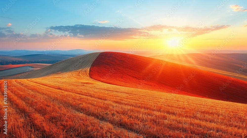   The sun sets over a hill, with a field in the foreground and distant hills beyond