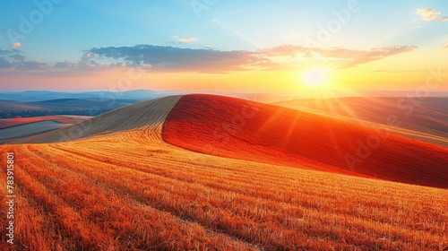  The sun sets over a hill, with a field in the foreground and distant hills beyond