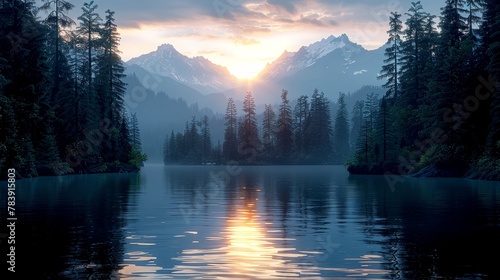  A scenic body of water, encircled by trees, lies before a backdrop of towering mountain range Sunbeams pierce through the clouds