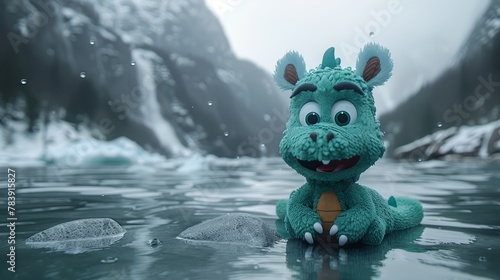  A tight shot of a plush toy submerged in water, surrounded by mountains in the distance with snow-covered peaks