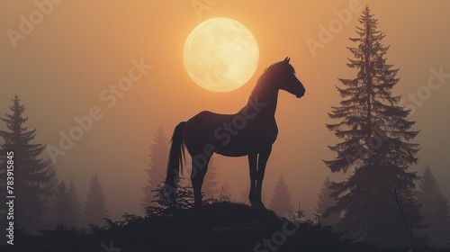  A horse atop a hill gazes over a forest beneath a fully illuminated full moon