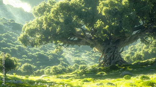  A tree painted in the heart of a verdant field, flanked by rocks and lush grass on either side
