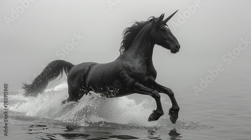   A black horse gallops through foggy water in a monochrome photograph  its hooves raising a white splash in the foreground