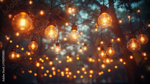  A tree in a forest adorned with numerous light bulbs suspended from its branches