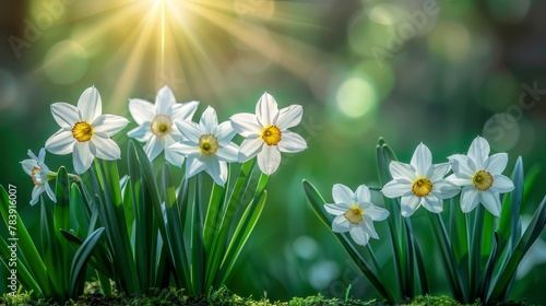  White flowers dot a verdant field, sun's rays shining behind