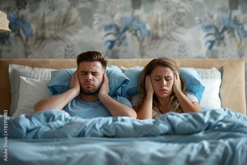 Couple Disturbed by Noise While Trying to Sleep in Bed photo