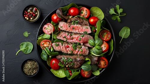  A plate with steak, tomatoes , lettuce, and spinach on a black surface Nearby, a small bowl holds the seasoning
