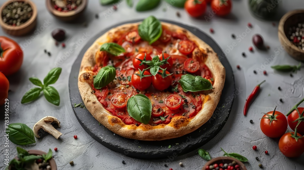   A pizza atop a pan on a table, nearby, a bowl of tomatoes and basil