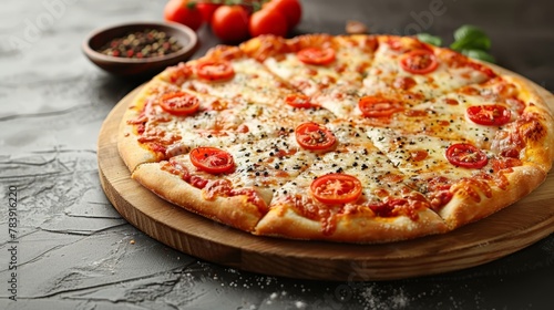   A pizza atop a wooden cutting board, accompanied by bowls of tomatoes and seasonings