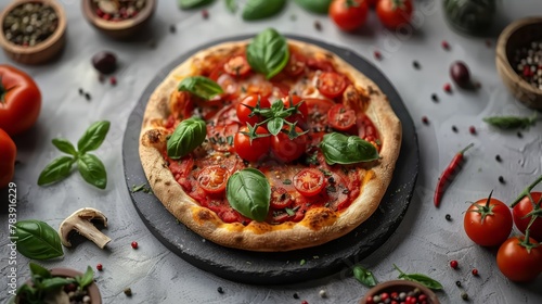  A pizza atop a pan on a table, nearby, a bowl of tomatoes and basil