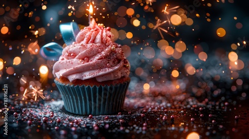   A cupcake topped with pink frosting and a blue bow, surrounded by sparklers in the background