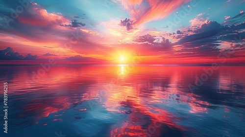  A tranquil expanse of water, graced by a sunset at its heart, cradles clouds in the velvet tapestry of the twilight sky