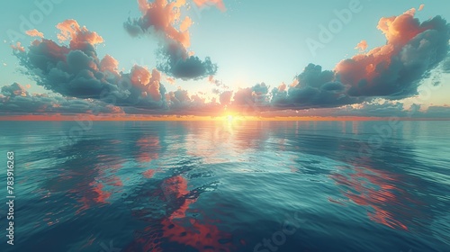   A large body of water mirroring the sky with clouds and the sun gleaming on its surface
