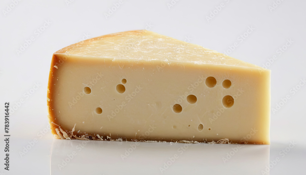 A single piece of cheese with distinctive holes typical of Swiss or Emmental cheese