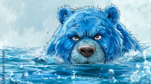  A tight shot of a blue bear submerged in water, with droplets cascading down its face