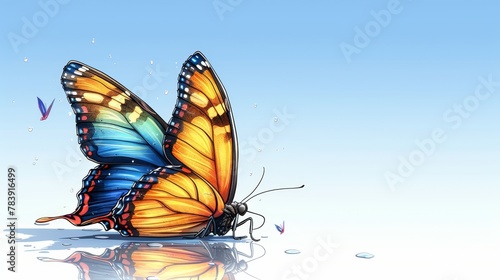  A tight shot of a butterfly hovering above a tranquil body of water, with droplets cascading from its reflection below In the distance, a expansive blue sky