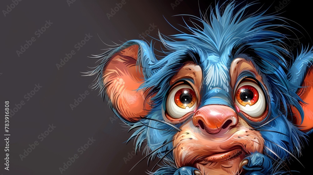   A cartoon mouse with enlarged eyes and a blue head fur is vividly depicted in a tight shot against a black backdrop