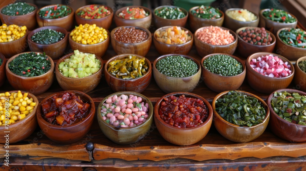 A wooden table, laden with multiple bowls holding diverse types of beans and vegetables aligned next to one another A wooden table, laden with multiple bowls holding diverse types of beans and vegetables aligned next to one another