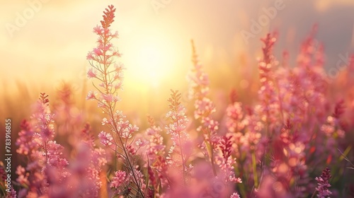  A field filled with pink flowers, sun shining behind