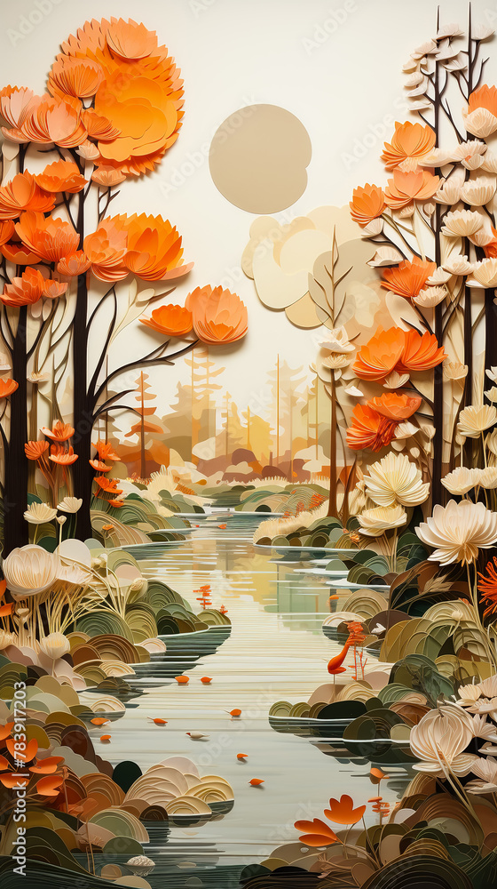 Paper art landscape with orange flowers in the park. Illustration. Poster art.