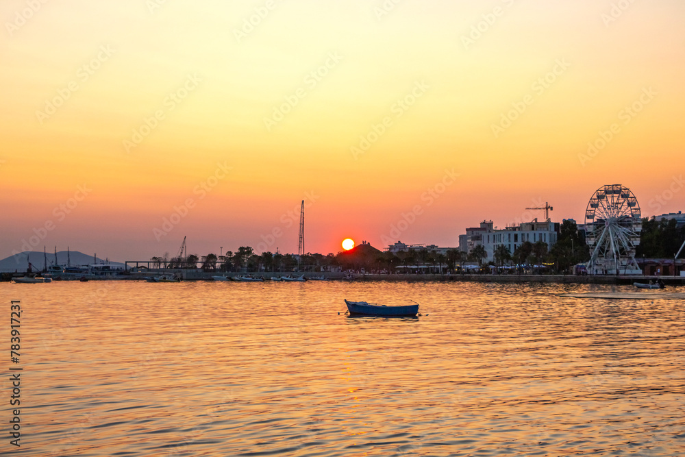 Picturesque landscape with sea bay in the evening during sunset