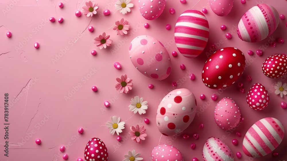   A collection of pink and white Easter eggs on a pink backdrop, surrounded by daisies, scatters more daisies around
