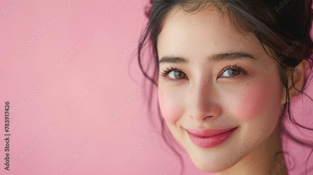 A close-up of a woman's face against a pink backdrop with a pink wall behind her A close-up of a woman's face against a pink backdrop with a pink wall behind her