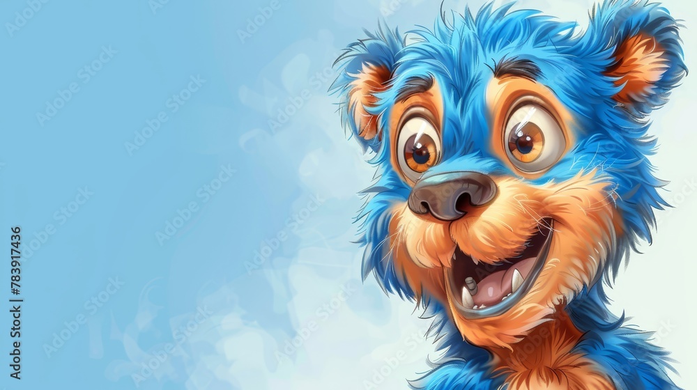   A blue background hosts a detailed shot of a smiling blue-orange dog