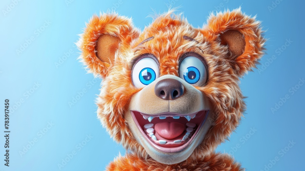 A tight shot of a plush toy featuring large blue eyes and an expansive grin against a blue backdrop A tight shot of a plush toy featuring large blue eyes and an expansive grin against a blue backdrop