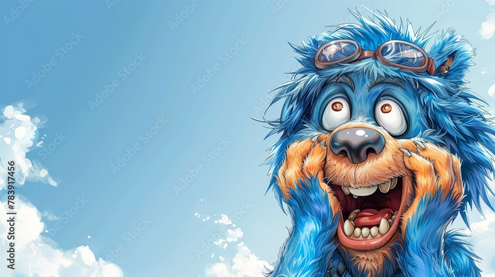   A blue furry animal in close-up, donning sunglasses, against a backdrop of a clear blue sky filled with fluffy clouds