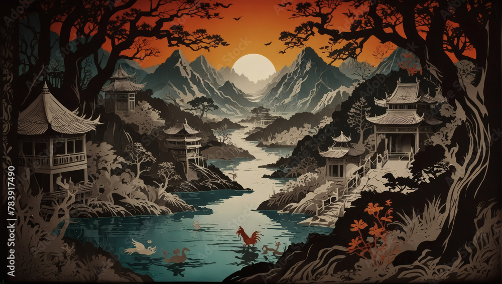 Papercut artwork depicting scenes from Chinese folklore and legends.