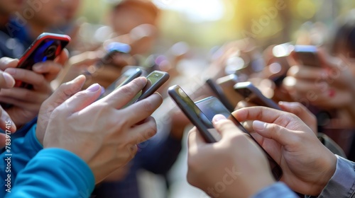  A group holds phones in one hand, gazing at screens with the other