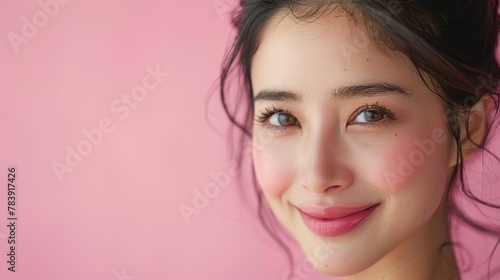  A close-up of a woman's face against a pink backdrop with a pink wall behind her