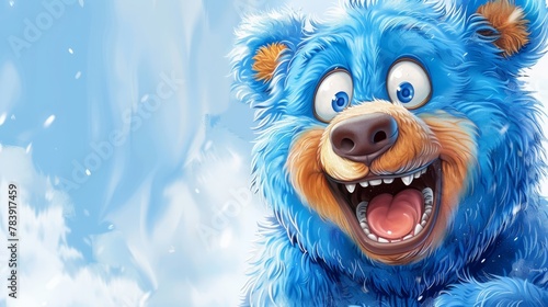   A tight shot of a jubilant blue  bear, its wide grin standing out against a backdrop of falling snow © Jevjenijs