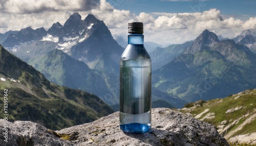 Cool water-cooled bottle set against a majestic backdrop of mountains, background photo
