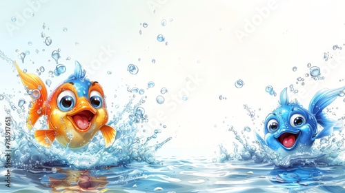   Two goldfish swim side by side above clear water  surrounded by bubbles