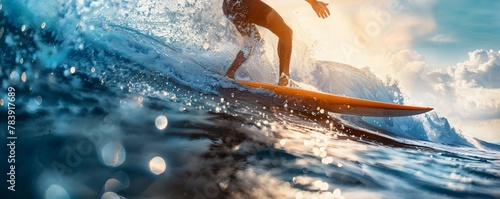 Surfing Adventure: Men Riding Waves with Sunlit Splashes. Surfer foot stepping on the surfboard, capturing the motion and balance. Concept of sport, travel, extreme, people, vacation, beach.
 photo