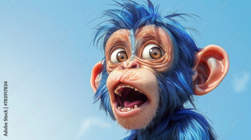 A tight shot of a monkey with an open mouth and widened eyes against a backdrop of a clear, blue sky A tight shot of a monkey with an open mouth and widened eyes against a backdrop of a clear, blue sky