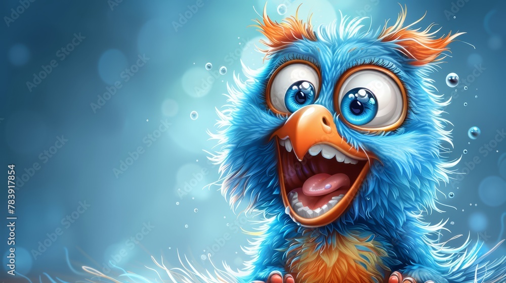 A detailed shot of a cartoon blue bird with large, expressive eyes and a startled expression Bubbles surround the scene in the background A detailed shot of a cartoon blue bird with large, expressive eyes and a startled expression Bubbles surround the scene in the background