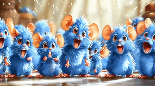   A line of blue mice with open mouths, the first having a slightly smaller gape than the others, progressively enlarging as the last mouse in the group shows its widest