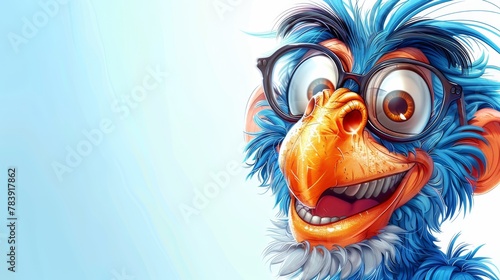   A tight shot of a blue bird donning spectacles and flaunting a broad grin photo
