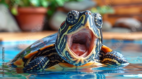  A close-up of a turtle in a pool with its mouth agape
