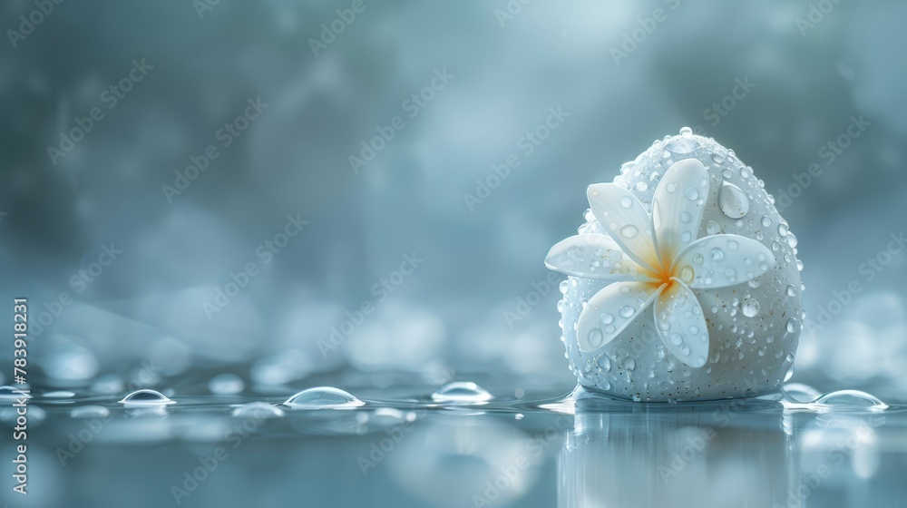 A white flower atop a rain-splattered table, surrounded by droplets on the ground A white flower atop a rain-splattered table, surrounded by droplets on the ground