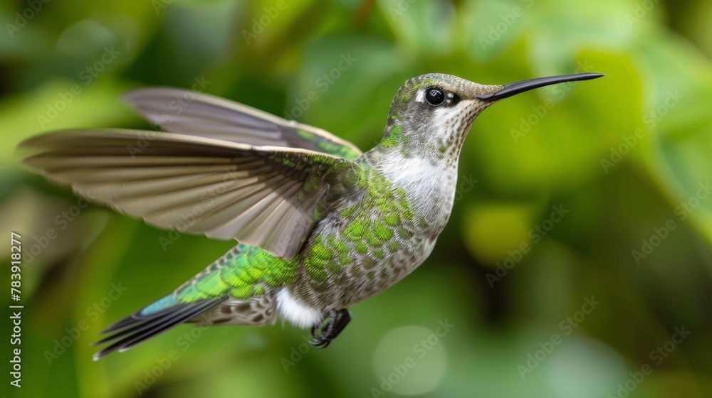 A hummingbird in flight, wings spread wide and vivid green leaves as backdrop A hummingbird in flight, wings spread wide and vivid green leaves as backdrop