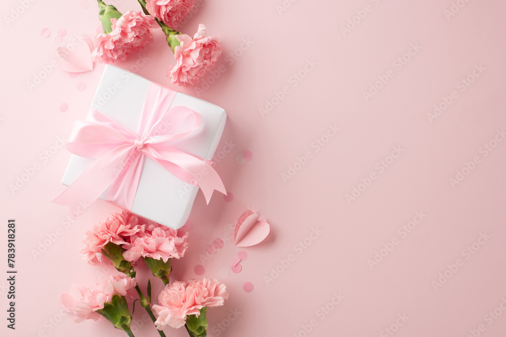 Mother's day surprise: elegant gift and pink carnations on a pastel pink background Mother's day surprise: elegant gift and pink carnations on a pastel pink background